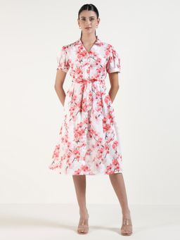 Xpose - Women Pink Floral Print Midi Shirt Dress with Waist Belt