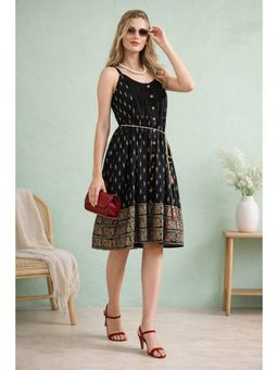 TULSATTVA - Black Sleeveless Printed Knee Length Dress with Belt