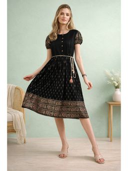 TULSATTVA - Black Long Printed Midi Dress with Belt