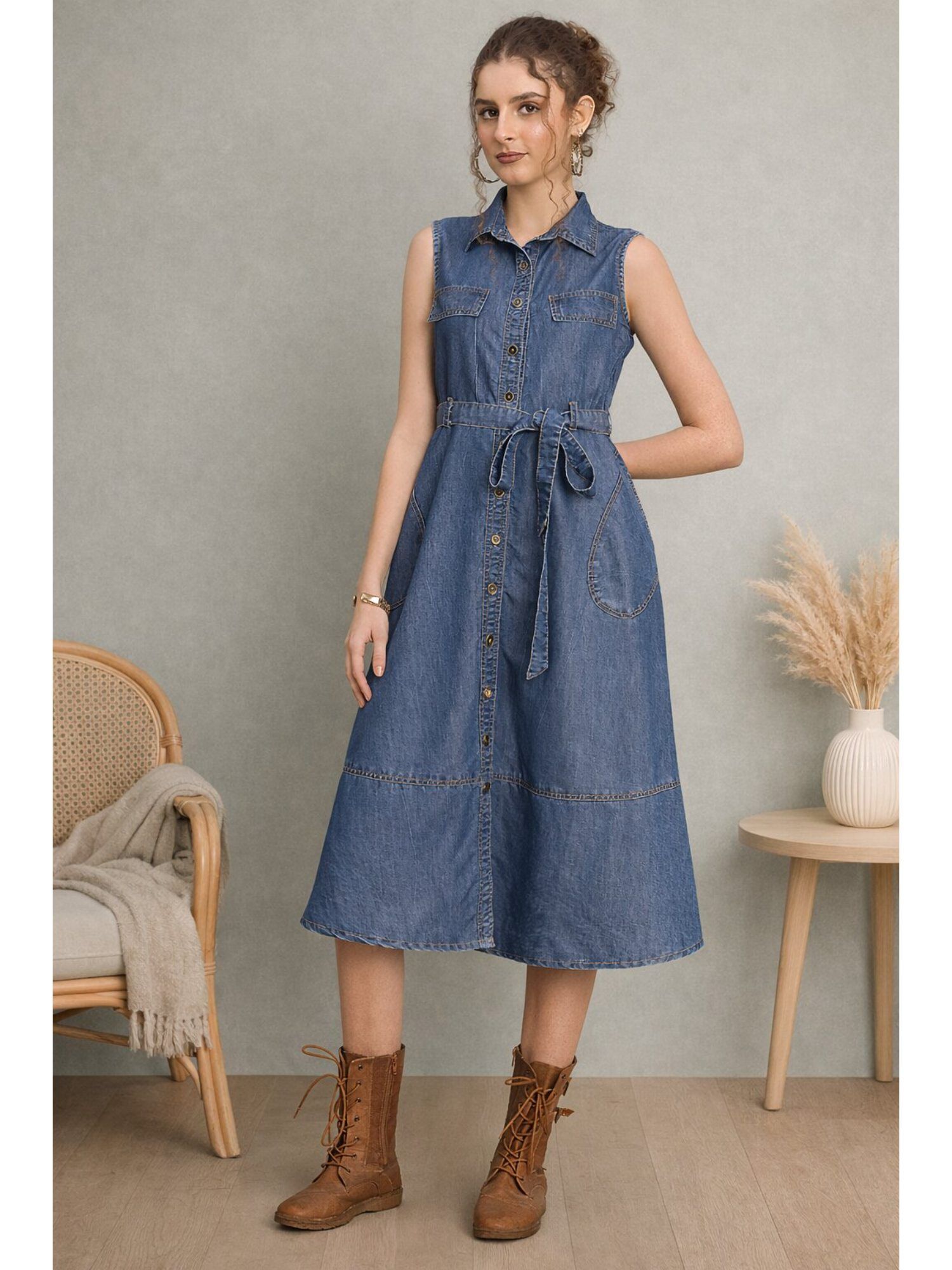 Indigo Denim Shirt Midi Dress with Belt-image-30
