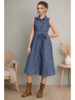 TULSATTVA - Indigo Denim Shirt Midi Dress with Belt
