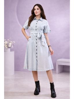 TULSATTVA - Ice Blue Blast Denim Midi Dress with Belt