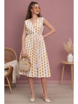 TULSATTVA - Mustard Motif Wrap Midi Dress with Belt