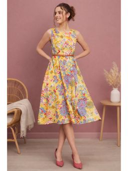 TULSATTVA - Yellow Bloom Belted Midi Dress with Belt