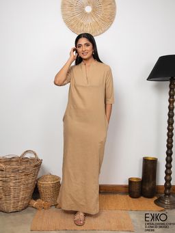 EKKO - Beige Linen Blend Elbow Sleeve Shift Maxi Dress