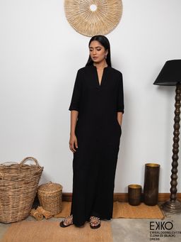 EKKO - Black Linen Blend Elbow Sleeve Shift Maxi Dress