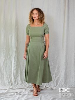 EKKO - Green Linen Blend Flare Fit Side Tie Up Waist Detail Maxi Dress