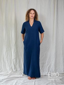 EKKO - Navy Blue Linen Blend Short Sleeve Side Slit Maxi Dress