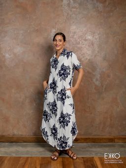 EKKO - White Linen Blend Tab Sleeve Detail Maxi Dress