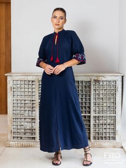 EKKO - Navy Blue Linen Blend Embroidery Maxi Dress