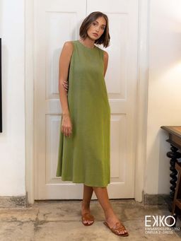 EKKO - Green Linen Blend Pleat Midi Dress