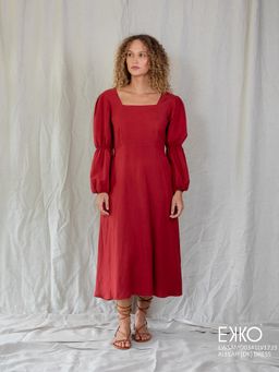 EKKO - Red Linen Blend Marie Sleeve Square Neckline Midi Dress