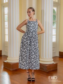 EKKO - Black Linen Floral Printed Midi Dress