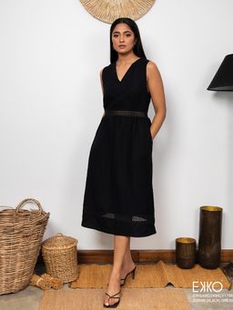 EKKO - Black Linen Blend Flare Fit Lace Detail Midi Dress