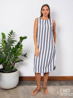 EKKO - White Linen Blend Stripe Midi Dress
