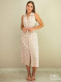 EKKO - Beige Linen Blend Smoked Detail Midi Dress