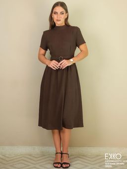 EKKO - Brown Linen Blend Flare Fit High Neck Flared Midi Dress