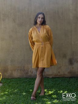 EKKO - Yellow Tencel Belt Detail Long Sleeve Mini Dress