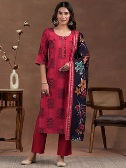 Libas - Red Paisley Printed Straight Kurta with Pant and Dupatta (Set of 3)