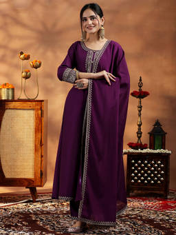 Libas - Wine Floral Zari Embroidered Kurta with Pant Dupatta (Set of 3)