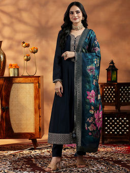 Libas - Navy Blue Floral Zari Embroidered Kurta with Pant and Dupatta (Set of 3)