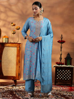 Libas - Blue Floral Woven Straight Kurta with Palazzo and Dupatta (Set of 3)