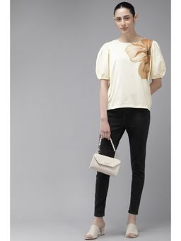 Van Heusen - Women Cream Print Casual Round Neck Top