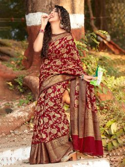 Sareemall - Womens Cotton Blend Maroon Printed Designer Saree with Unstitched Blouse