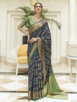 Akhilam - Womens Silk Blend Navy Blue Woven Designer Saree with Unstitched Blouse