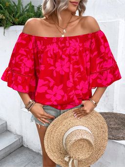Outzidr - Red Off Shoulder Floral Print Vacay Top