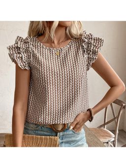 Outzidr - Beige Sleeve Ruffle Boxy Vacay Top