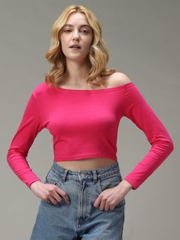 Outzidr - Pink Cotton Off-Shoulder Fitted Street Style Top