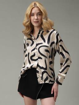 Outzidr - Beige Printed Satin Party Shirt