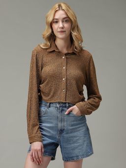 Outzidr - Brown Textured Crop Street Style Shirt