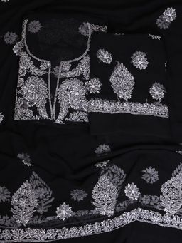 ADA - Hand Embroidered Lucknowi Chikankari Black/White Georgette Unstiched Dress Material