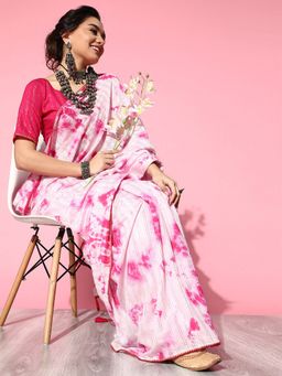 Odette - Women's Silk Blend Pink Printed Designer Saree with Unstitched Blouse