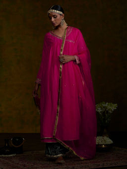 WeaverStory - Pink Silk Zardozi Work Angrakha With Green Dupatta (set of 3)