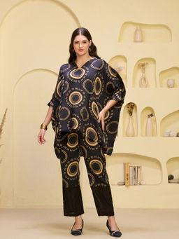 First Resort by Ramola Bachchan - Black And Golden Maa Print Kaftan Style Top