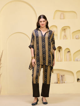 First Resort by Ramola Bachchan - Black And Golden Powerful Stripe Print Kaftan Style Top