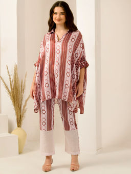 First Resort by Ramola Bachchan - Pink And Red Powerful Stripe Print Kaftan Style Top