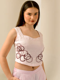 First Resort by Ramola Bachchan - Pink And Red Maa Hand Embroidered Crop Top
