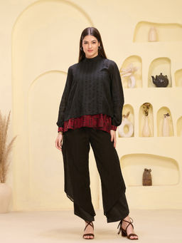 First Resort by Ramola Bachchan - Black And Red Hand Embroidered High Neck Top