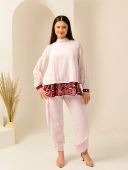 First Resort by Ramola Bachchan - Pink And Red Hand Embroidered High Neck Top