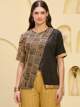 First Resort by Ramola Bachchan - Black And Golden Hand Embroidered Overlap Top