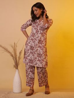 Aurelia - Women Off White Floral Printed Cotton Kurta with Palazzo (Set of 2)