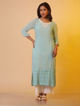 Aurelia - Women Blue Embroidered Rayon Kurta