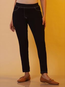 Aurelia - Women Blue Solid Thread Work Blended Fabric Jeggings