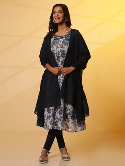 Aurelia - Women Navy Blue Stripes Printed Woven Cotton Dupatta