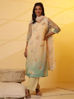 Aurelia - Women Multi-Color Floral Printed Organza Kurta with Pant and Dupatta (Set of 3)