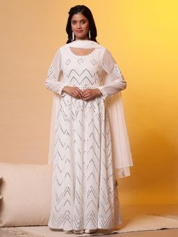 Aurelia - Women Off White Embroidered Mirror Work Polyester Anarkali Dress with Dupatta (Set of 2)